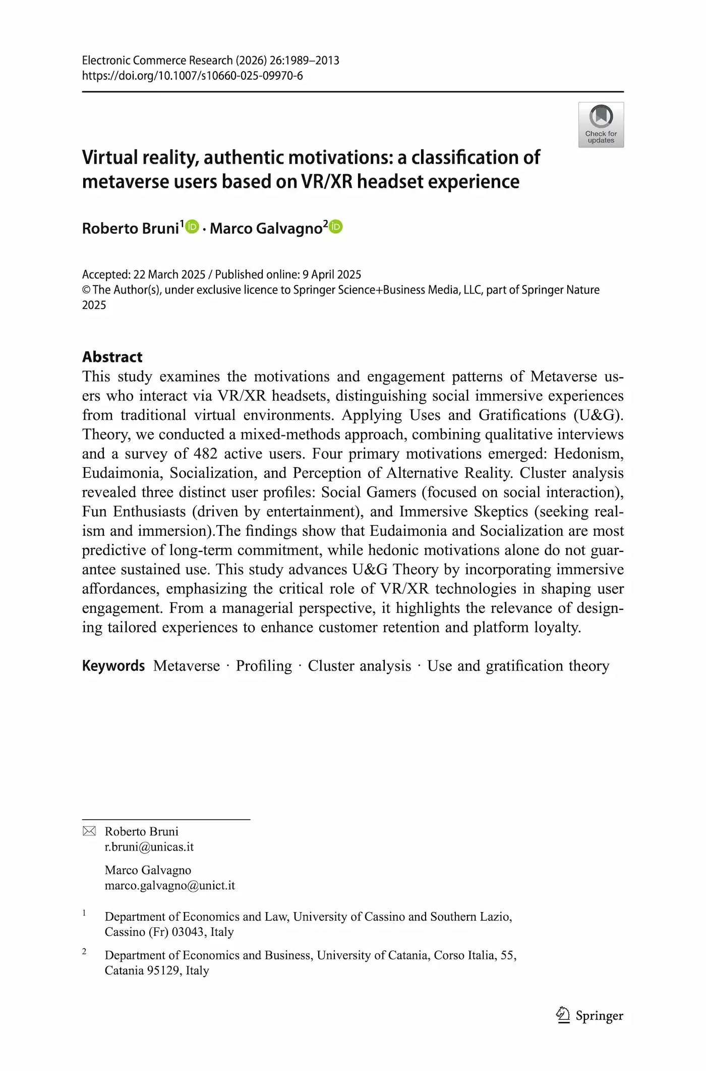 Prima pagina dell’articolo “Virtual reality, authentic motivations: a classification of metaverse users based on VR/XR headset experience”