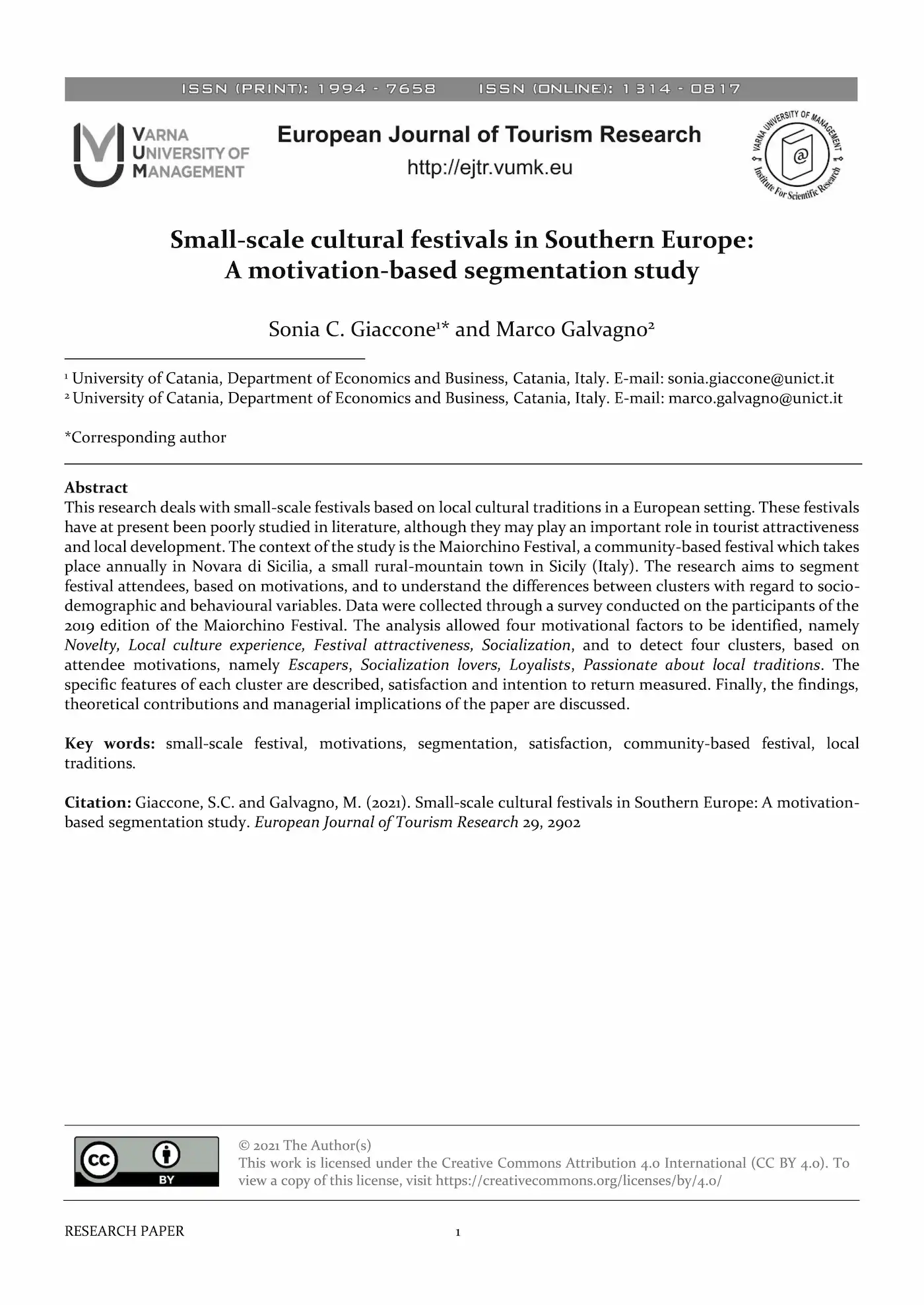 Prima pagina dell’articolo “Small-scale cultural festivals in Southern Europe: A motivation-based segmentation study”