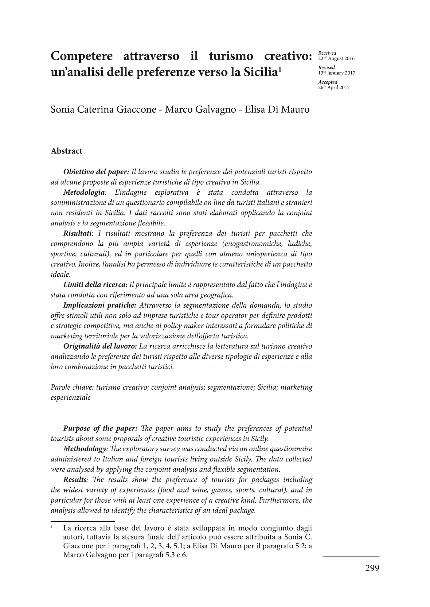 Prima pagina dell’articolo “Competere attraverso il turismo creativo: un’analisi delle preferenze verso la Sicilia”