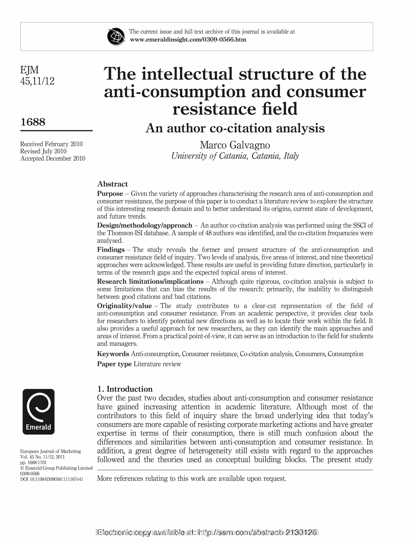 Prima pagina dell’articolo “The intellectual structure of the anti-consumption and consumer resistance field: An author co-citation analysis”