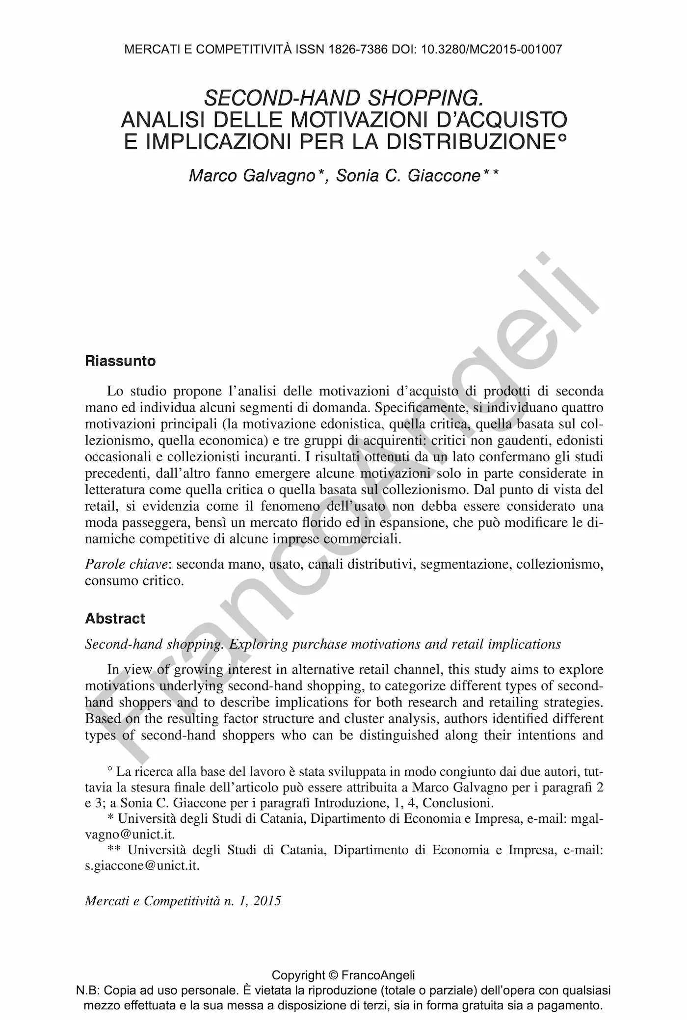 Prima pagina dell’articolo “Second-hand shopping. Analisi delle motivazioni d’acquisto e implicazioni per la distribuzione”
