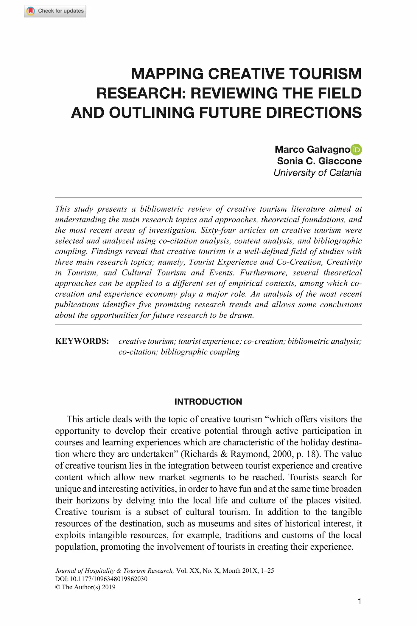 Prima pagina dell’articolo “Mapping Creative Tourism Research: Reviewing the Field and Outlining Future Directions”