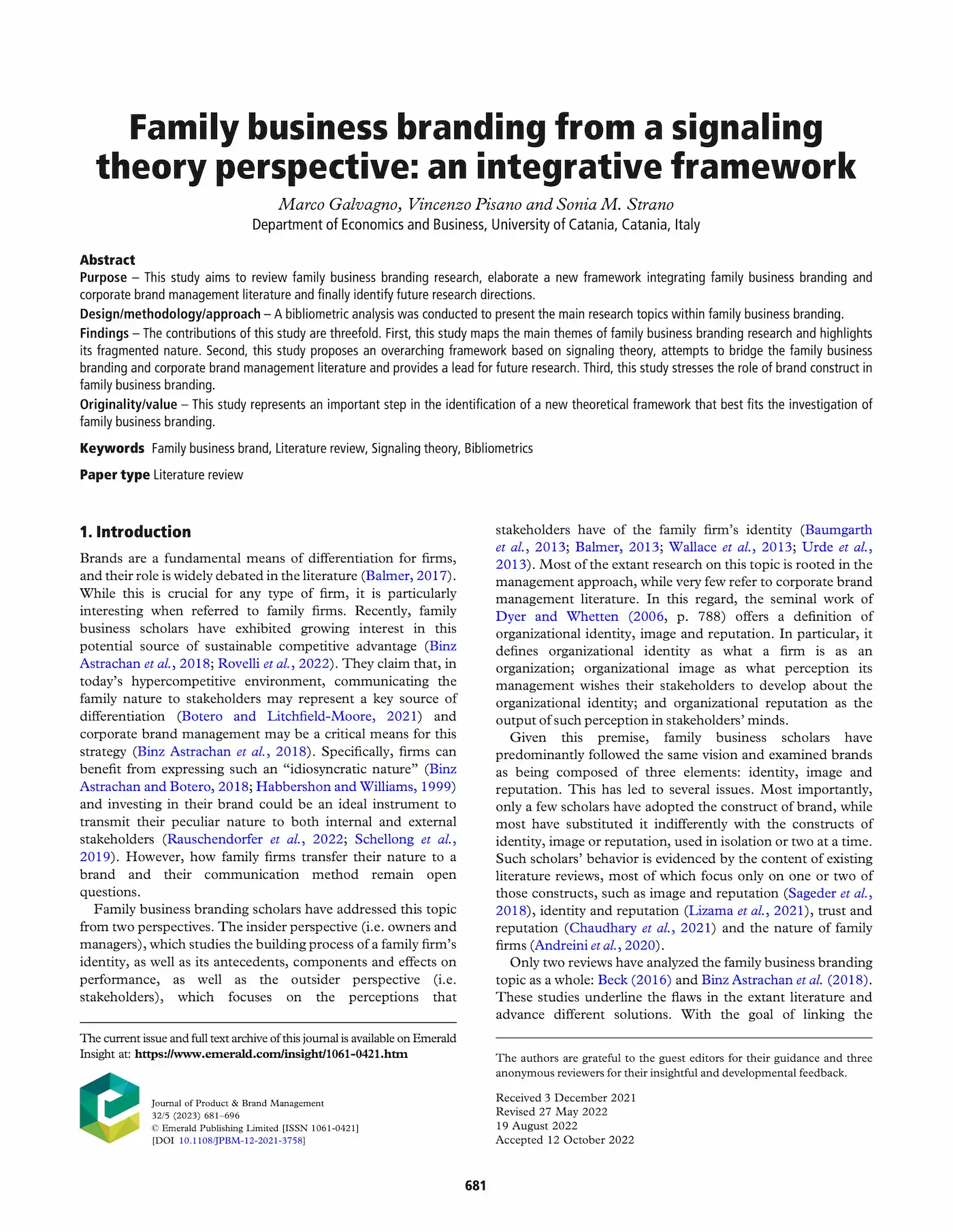 Prima pagina dell’articolo “Family business branding from a signaling theory perspective: an integrative framework”