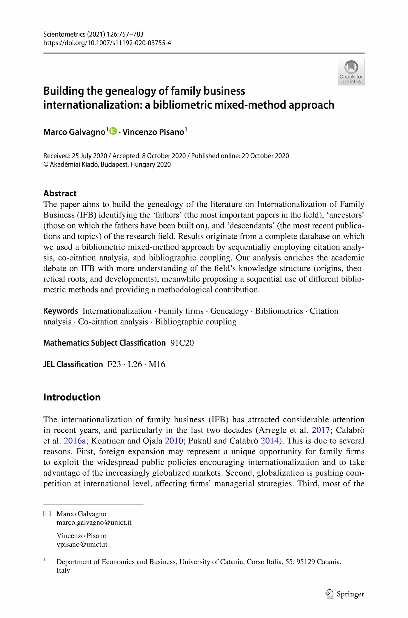 Prima pagina dell’articolo “Building the genealogy of family business internationalization: a bibliometric mixed-method approach”