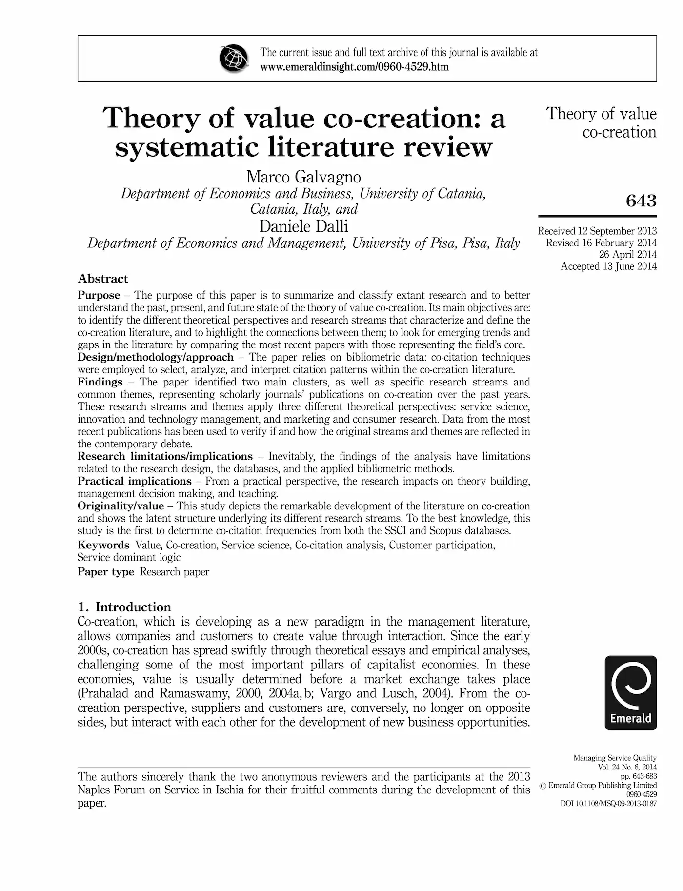 Prima pagina dell’articolo “La teoria della co-creazione del valore”