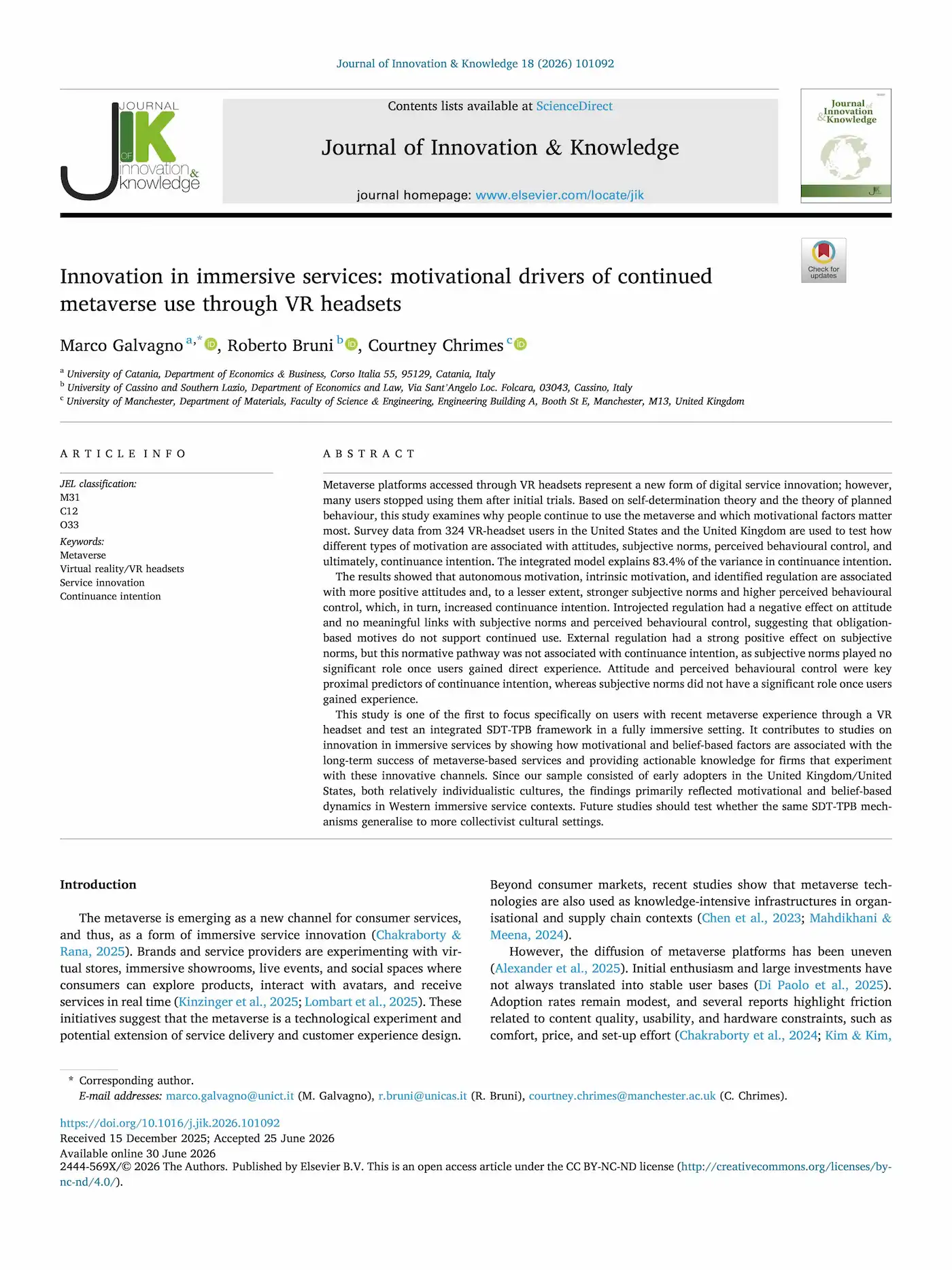 Prima pagina dell’articolo “Innovation in immersive services: motivational drivers of continued metaverse use through VR headsets”