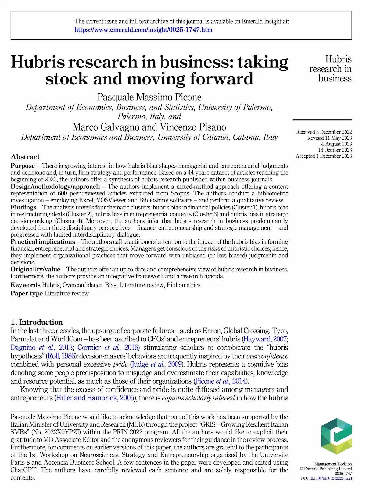 First page of the article “Hubris research in business: taking stock and moving forward”