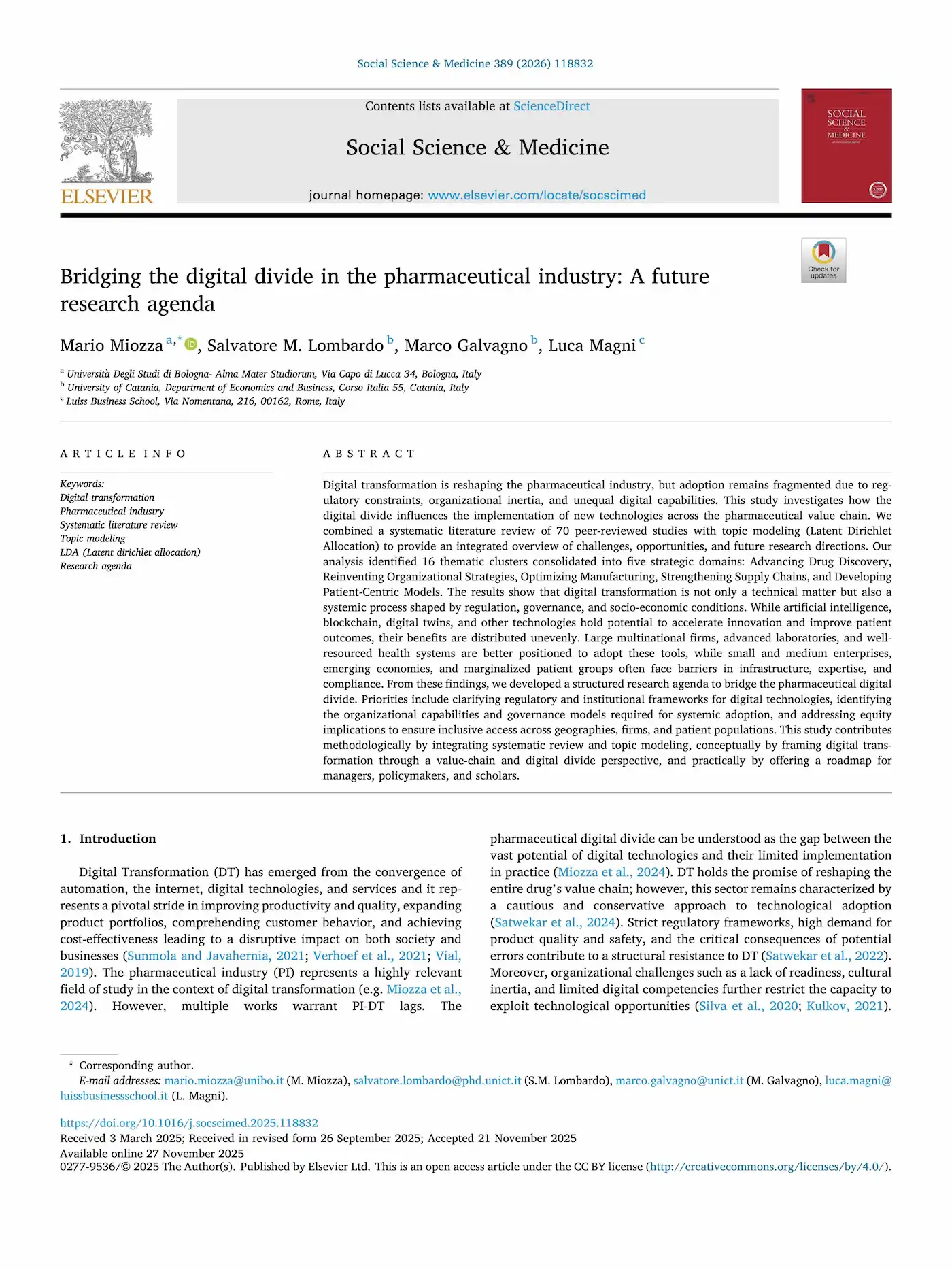 First page of the article “Bridging the digital divide in the pharmaceutical industry: A future research agenda”