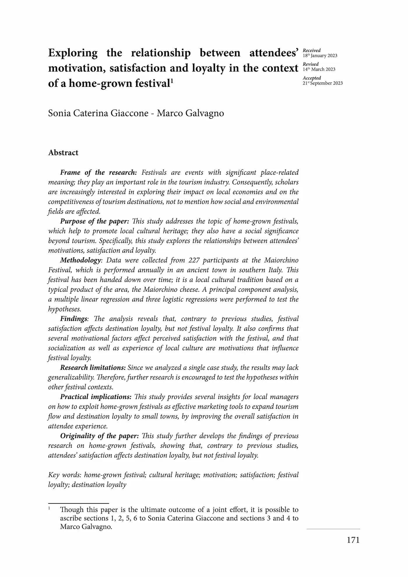 Prima pagina dell’articolo “Exploring the relationship between attendees’ motivation, satisfaction and loyalty in the context of a home-grown festival”